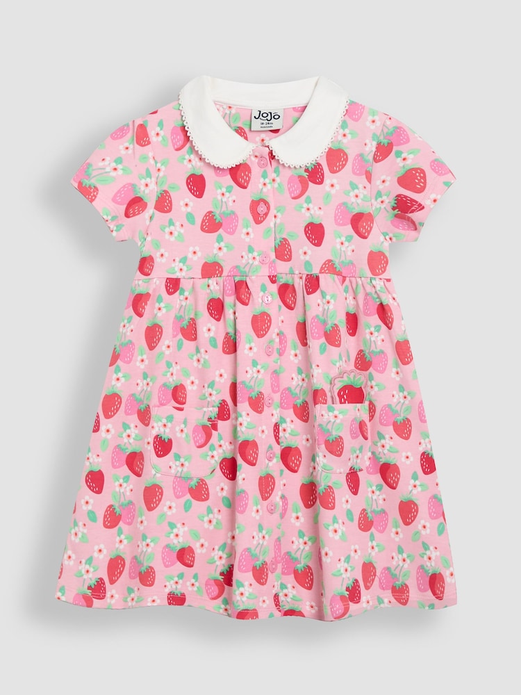 Floral de morango rosa - Vestido JoJo Maman Bébé Peter Pan com gola e botões frontais 100% algodão - Imagem 2 de 4
