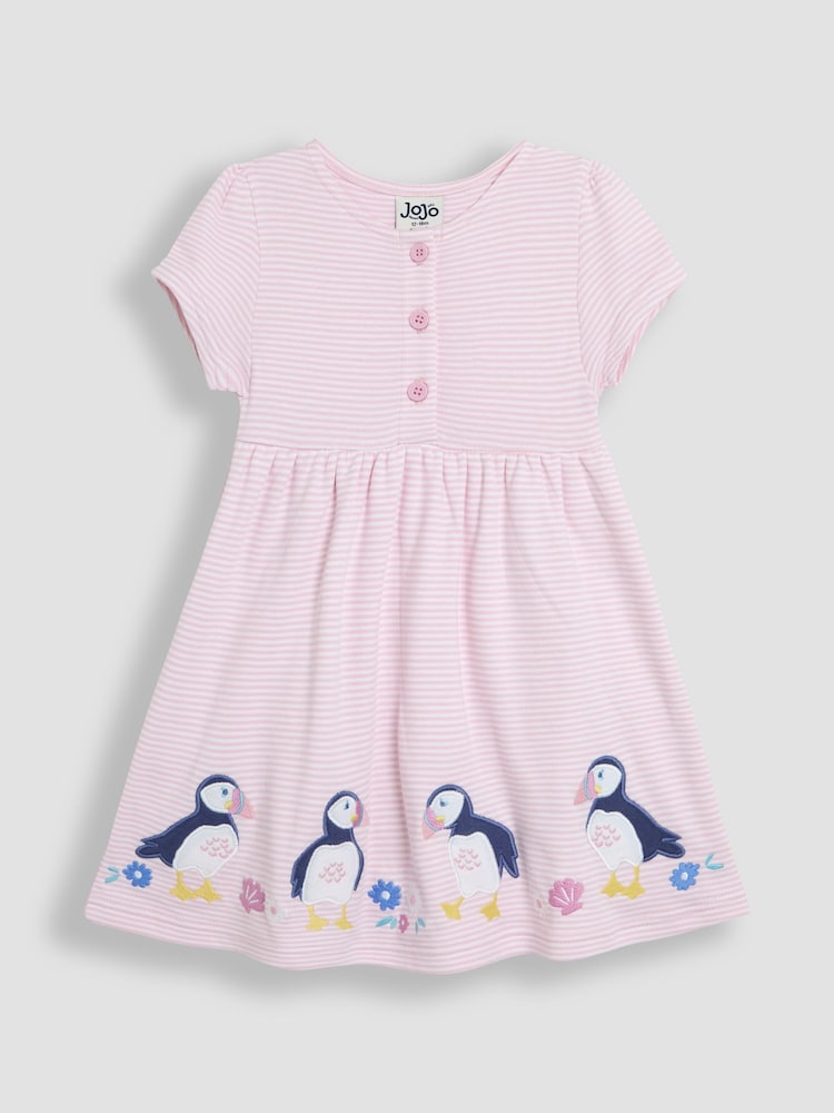 JoJo Maman Bébé Pink Puffin Appliqué Button Front Dress - Image 1 of 3