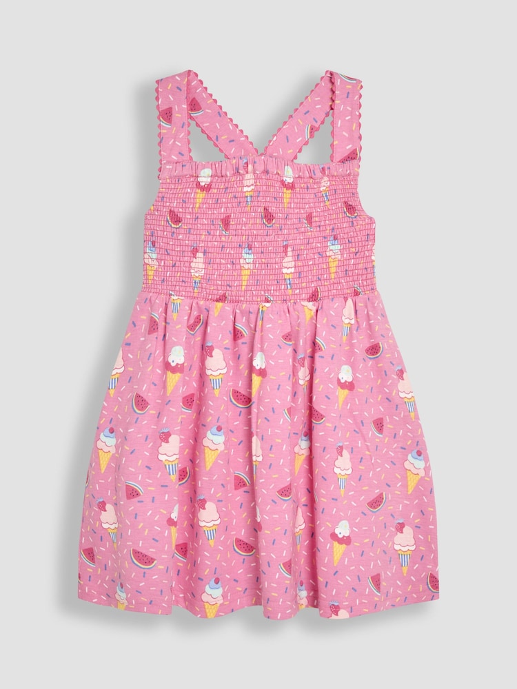 JoJo Maman Bébé Pink Ice Cream Cross Back Smocked Dress - Image 1 of 3