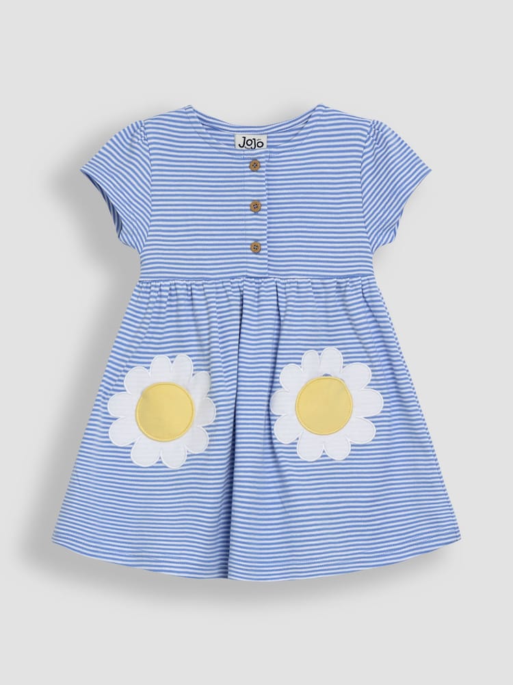 JoJo Maman Bébé Blue Daisy Pocket Appliqué Button Front Dress - Image 2 of 3 JoJo Maman Bébé Blue Daisy Pocket Appliqué Button Front Dress - Image 2 of 3