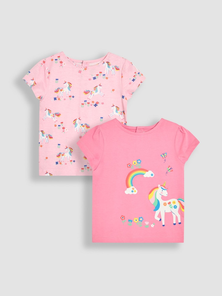 JoJo Maman Bébé Fuchsia Pink Unicorn Applique Printed T-Shirts 2 Pack - Image 1 of 7