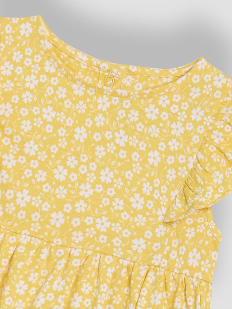 JoJo Maman Bébé Yellow Ditsy Floral Print 100% Cotton Dress - Image 4 of 4