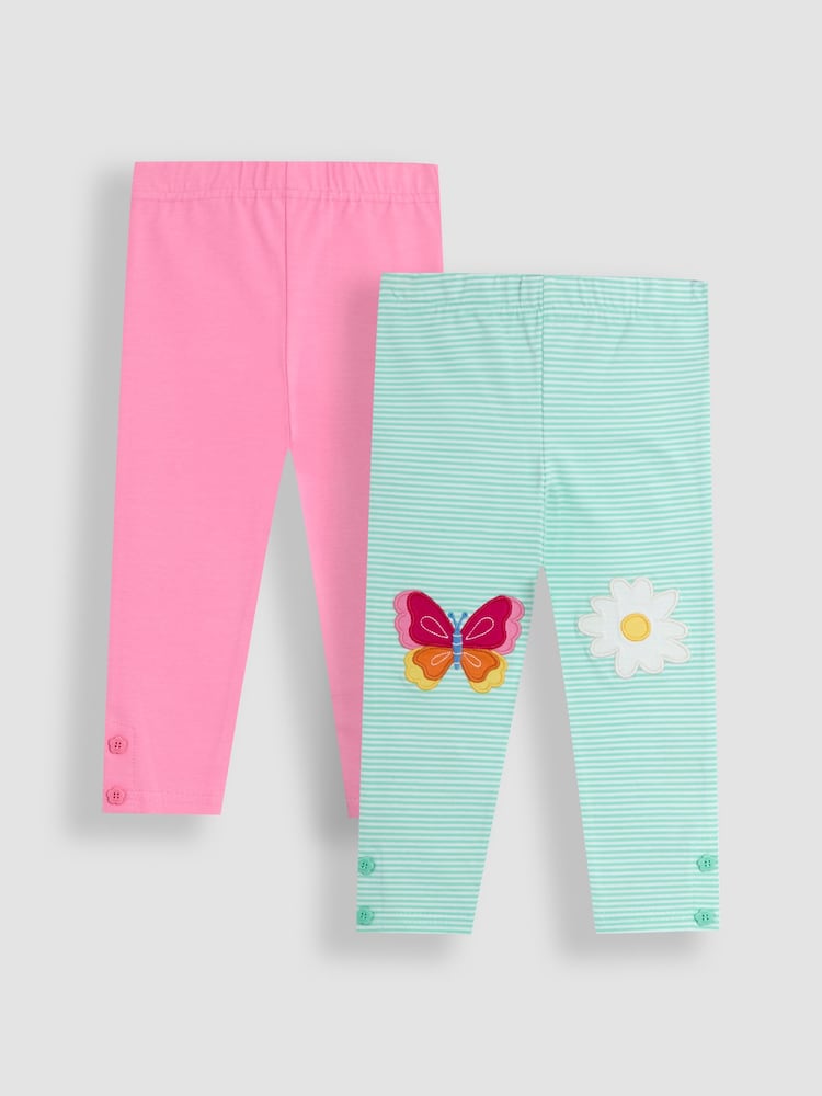 JoJo Maman Bébé Green Butterfly & Daisy Appliqué Knee Leggings 2 Pack - Image 1 of 6