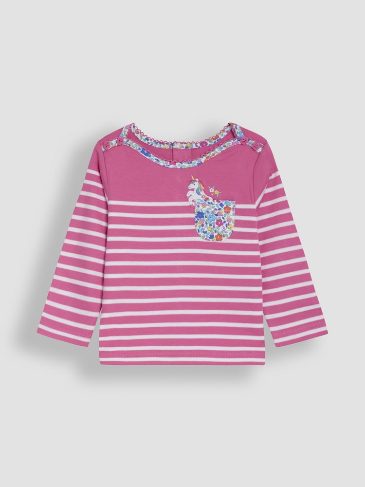 JoJo Maman Bébé Raspberry Pink Unicorn Appliqué Pocket Breton Top - Image 1 of 3