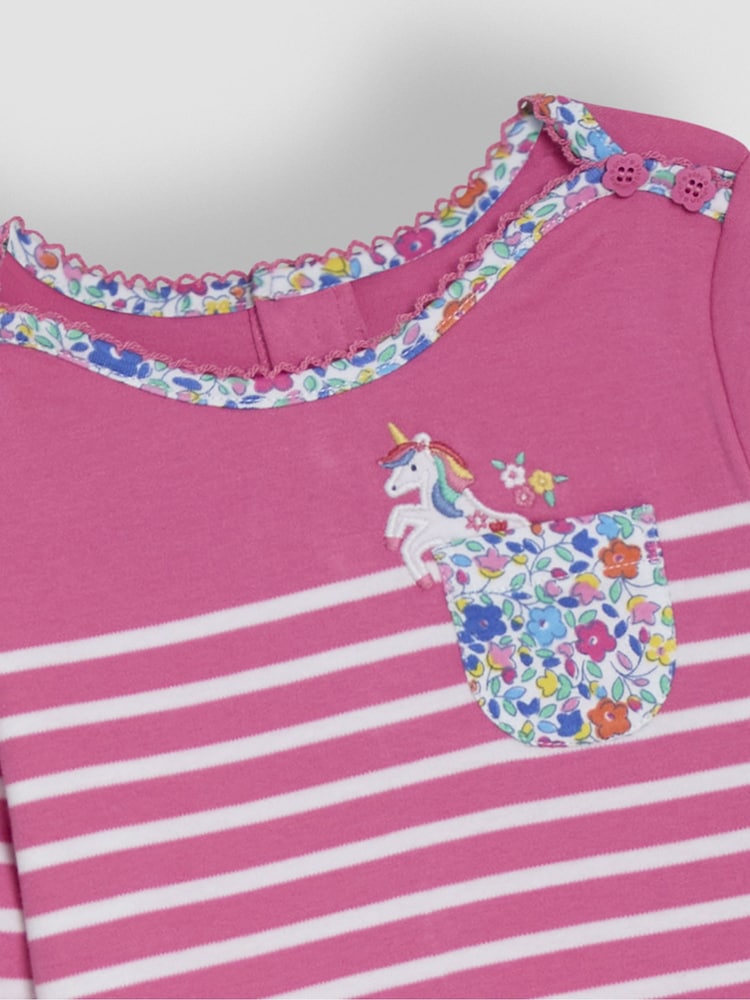JoJo Maman Bébé Raspberry Pink Unicorn Appliqué Pocket Breton Top - Image 3 of 3 JoJo Maman Bébé Raspberry Pink Unicorn Appliqué Pocket Breton Top - Image 3 of 3