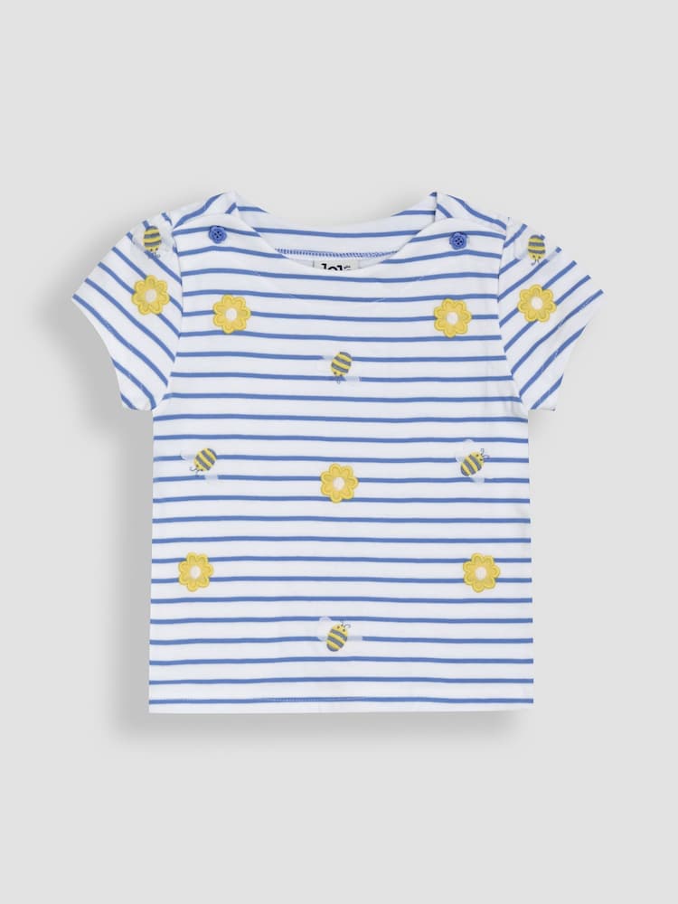 JoJo Maman Bébé Blue Flower & Bee Embroidered T-Shirt - Image 1 of 4