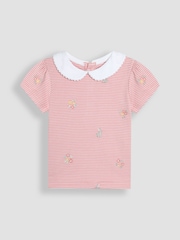 JoJo Maman Bébé Pink Bunny Floral Embroidered Peter Pan Collar T-Shirt - Image 1 of 3