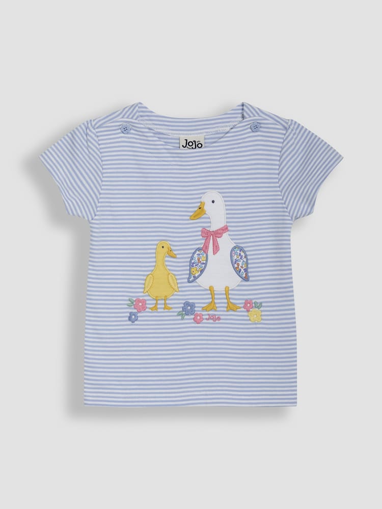 JoJo Maman Bébé Blue Duck Print Appliqué 100% Cotton T-Shirt - Image 1 of 3