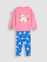 JoJo Maman Bébé Fuchsia Unicorn Appliqué Frill Sweatshirt & Leggings Set 2 Piece - Image 1 of 6
