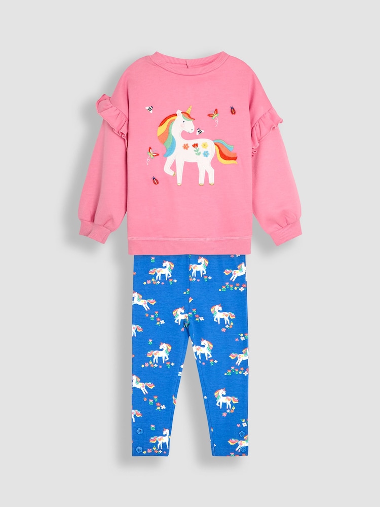 JoJo Maman Bébé Fuchsia Unicorn Appliqué Frill Sweatshirt & Leggings Set 2 Piece - Image 1 of 6
