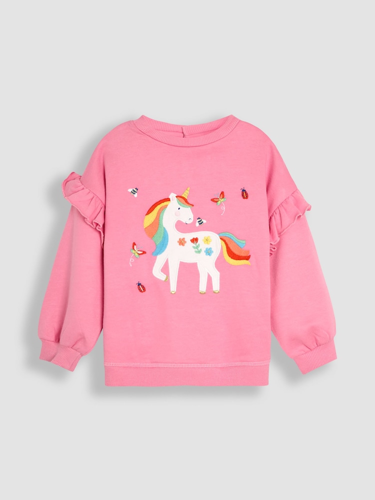 JoJo Maman Bébé Fuchsia Unicorn Appliqué Frill Sweatshirt & Leggings Set 2 Piece - Image 2 of 6