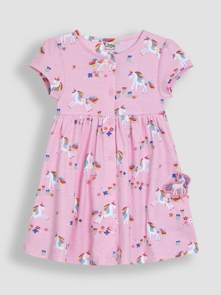 JoJo Maman Bébé Pink Unicorn Button Through Dress - Image 1 of 3