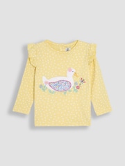 JoJo Maman Bébé Yellow Duck Appliqué Frill Shoulder 100% Cotton Top - Image 1 of 3
