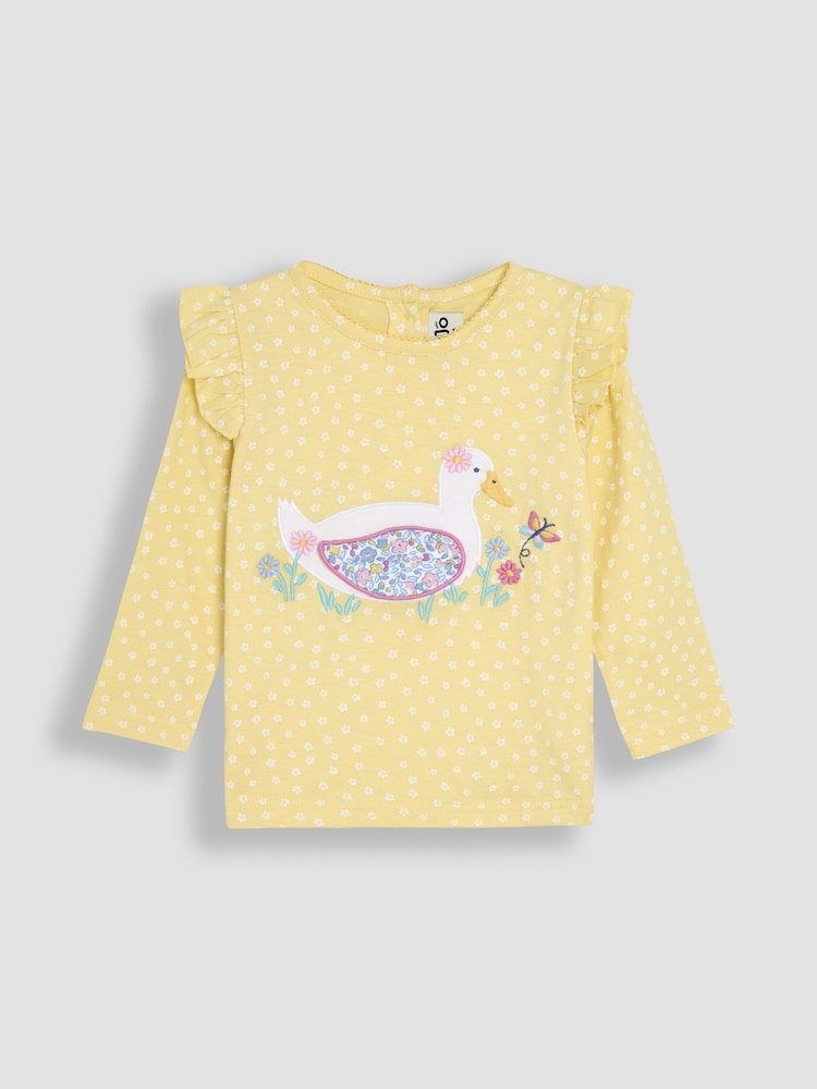 JoJo Maman Bébé Yellow Duck Appliqué Frill Shoulder 100% Cotton Top - Image 1 of 3