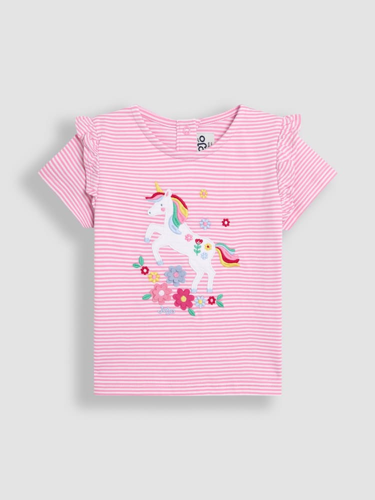 Fuchsia-Rosa mit Einhorn - Jojo Maman Bébé – T-Shirt mit Rüschen-Schulter und Applikation aus 100 % Baumwolle - Bild 1 von 4 Fuchsia-Rosa mit Einhorn - Jojo Maman Bébé – T-Shirt mit Rüschen-Schulter und Applikation aus 100 % Baumwolle - Bild 1 von 4