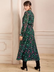 Love & Roses Green Petite V-Neck PU Belted Long Sleeve Midi Dress - Image 4 of 4