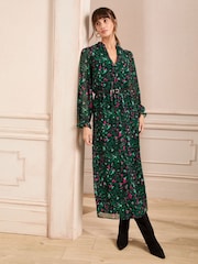 Love & Roses Green V-Neck PU Belted Long Sleeve Midi Dress - Image 1 of 4