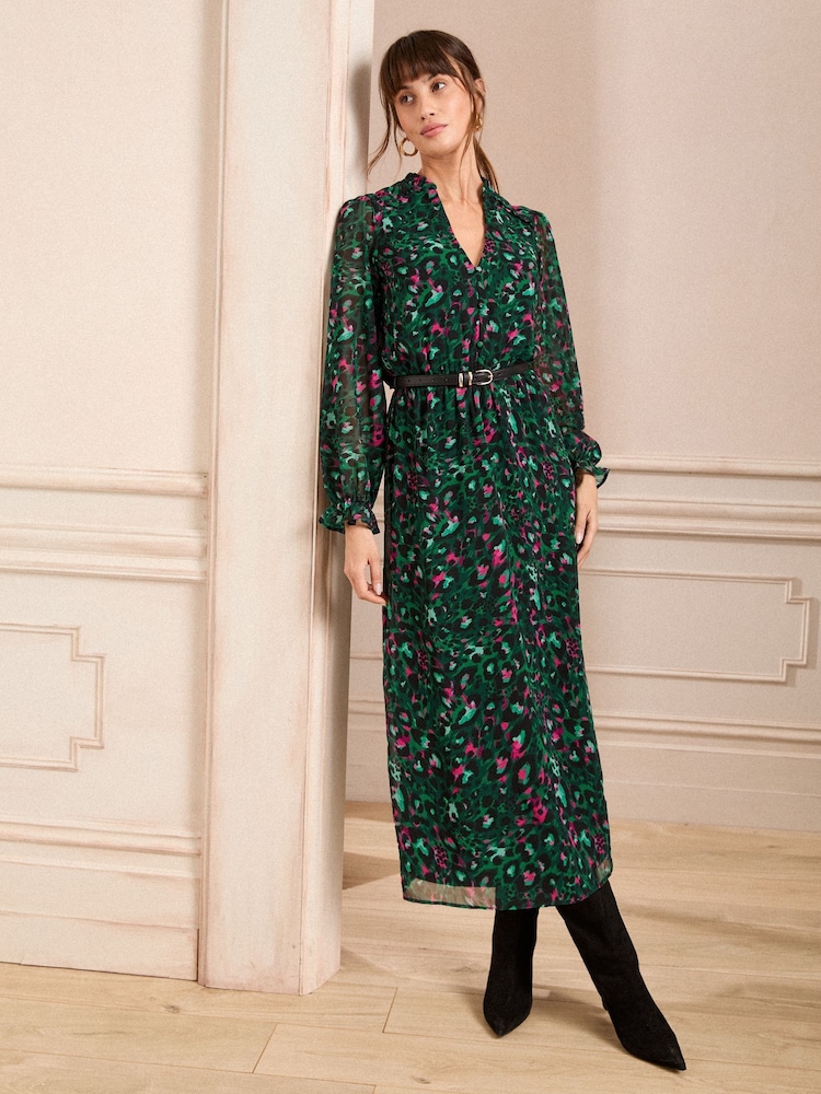 Love & Roses Green V-Neck PU Belted Long Sleeve Midi Dress - Image 1 of 4