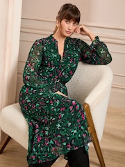 Love & Roses Green V-Neck PU Belted Long Sleeve Midi Dress - Image 3 of 4