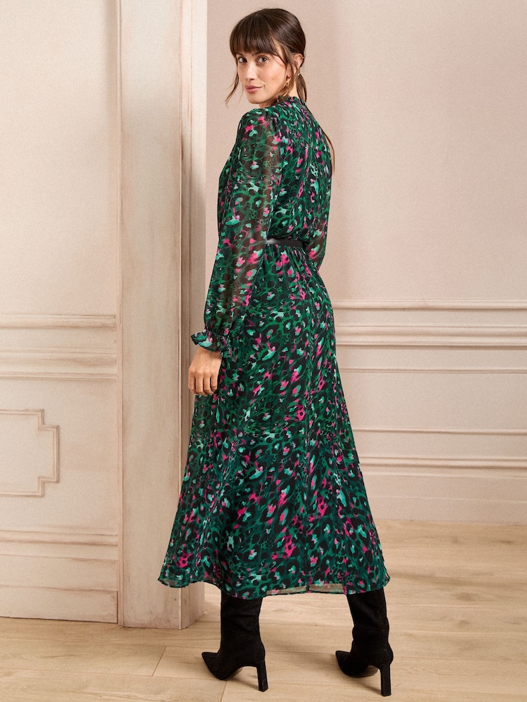 Love & Roses Green V-Neck PU Belted Long Sleeve Midi Dress - Image 4 of 4