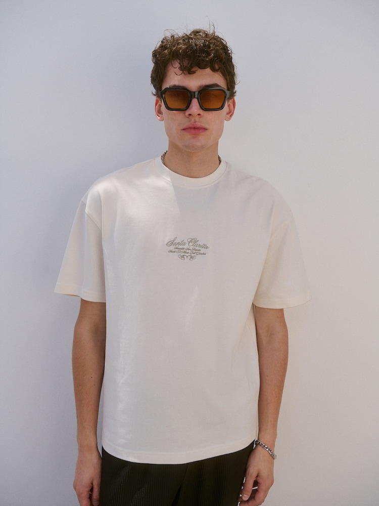 Ecru Relaxed Fit Graphic Print Heavy Weight T-Shirt - Image 1 of 7 Ecru Relaxed Fit Graphic Print Heavy Weight T-Shirt - Image 1 of 7