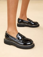 Lipsy Black Wide Fit (G)  Patent Faux Leather Chunky Rand Loafer School Shoes - Image 1 of 4