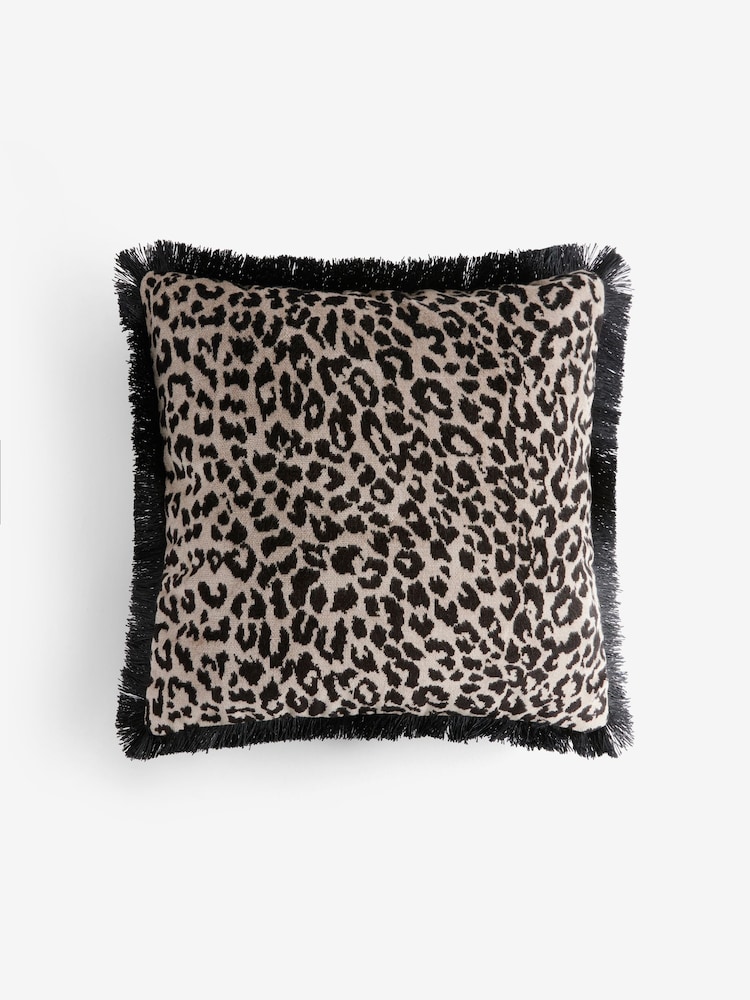 Black/Animal 43 x 43cm Velvet Faux Leopard Print Fringe Cushion - Image 3 of 5