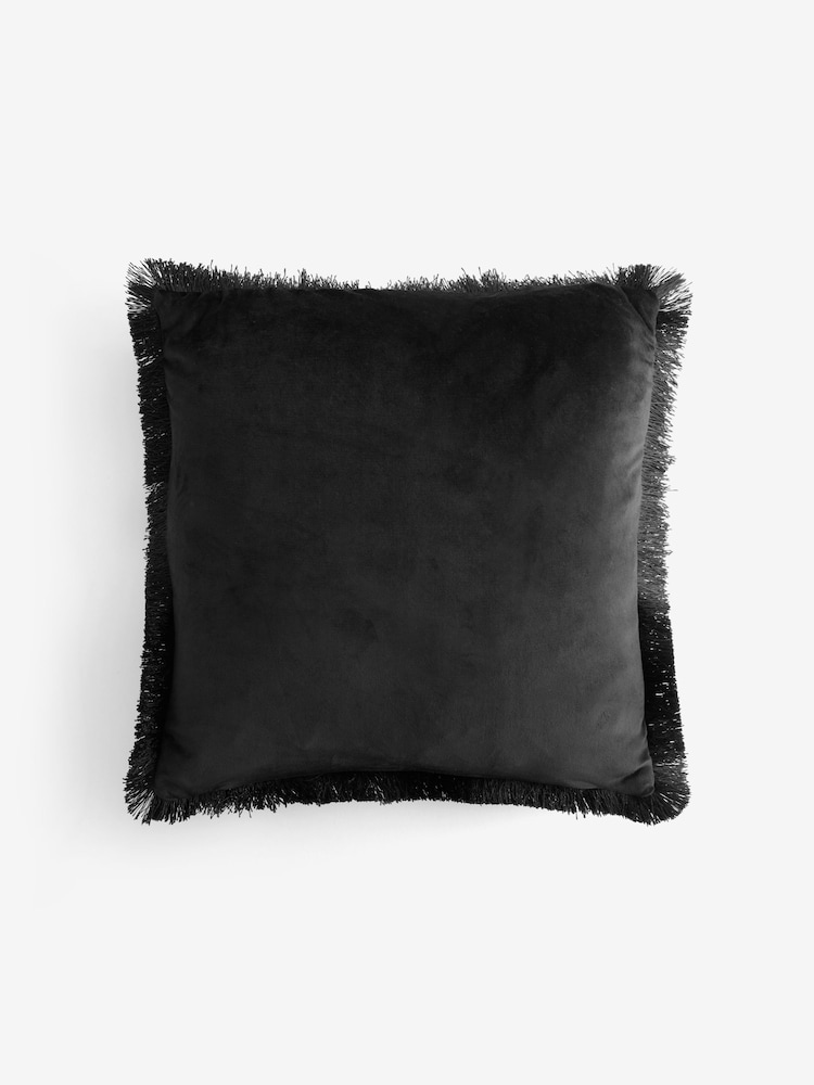 Black/Animal 43 x 43cm Velvet Faux Leopard Print Fringe Cushion - Image 4 of 5