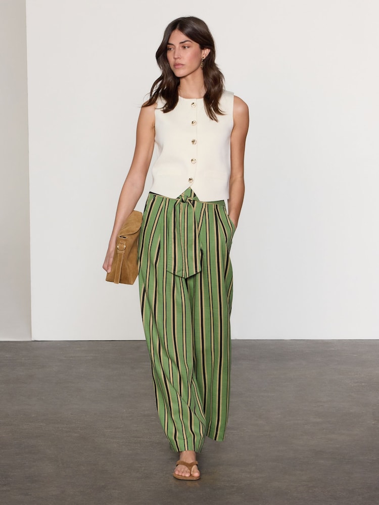 Green Stripe Tie Waist Wide Leg Trousers - Image 1 of 8