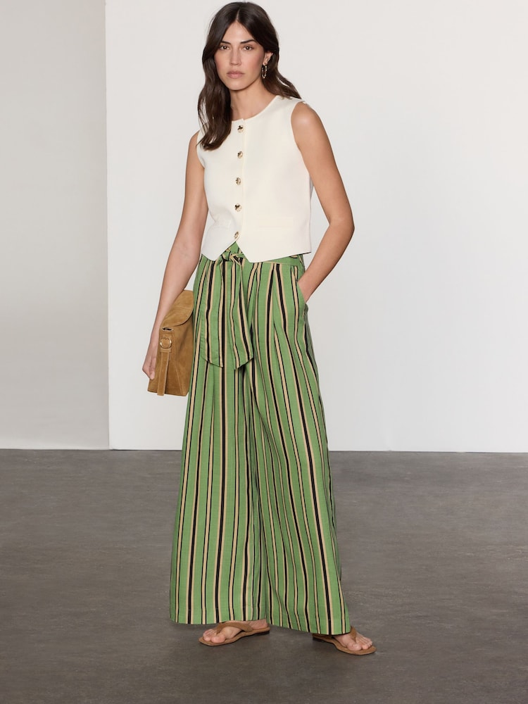 Green Stripe Tie Waist Wide Leg Trousers - Image 2 of 8