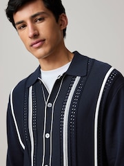 Navy/White Regular Fit Cotton Rich Vertical Stripe Button-Through Jumper - Image 1 of 7