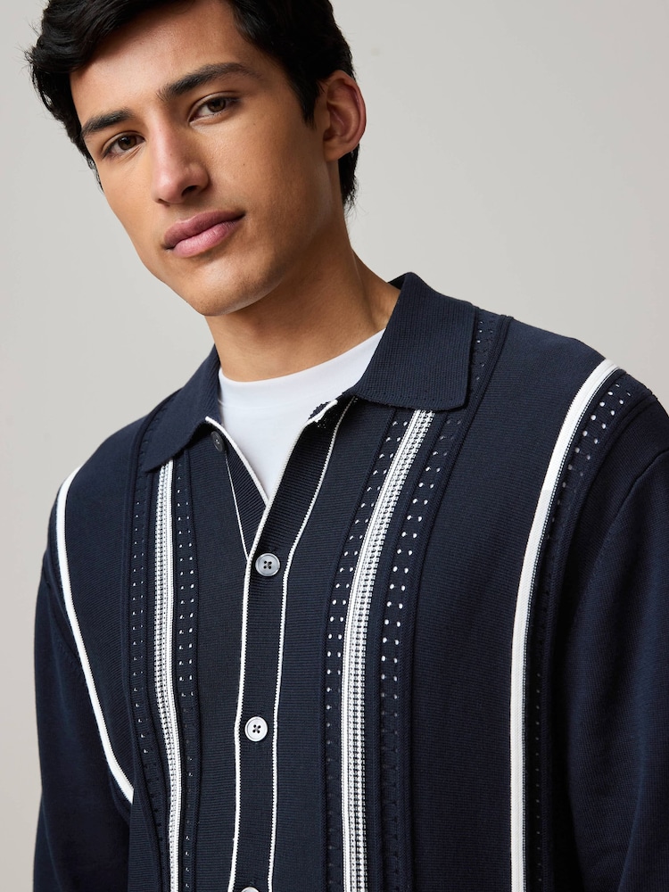 Navy/White Regular Fit Cotton Rich Vertical Stripe Button-Through Jumper - Image 1 of 7