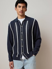 Navy/White Regular Fit Cotton Rich Vertical Stripe Button-Through Jumper - Image 3 of 7