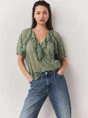 Teal Blue Short Sleeve Ruffle Mesh Blouse - Image 1 of 5