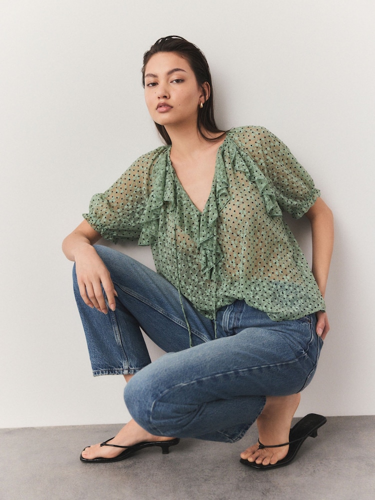 Teal Blue Short Sleeve Ruffle Mesh Blouse - Image 2 of 5