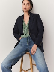 Teal Blue Short Sleeve Ruffle Mesh Blouse - Image 4 of 5