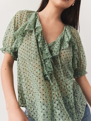 Teal Blue Short Sleeve Ruffle Mesh Blouse - Image 5 of 5