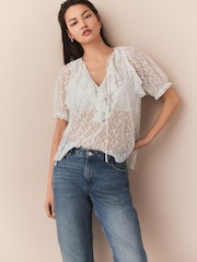 White Short Sleeve Ruffle Mesh Blouse - Image 2 of 5