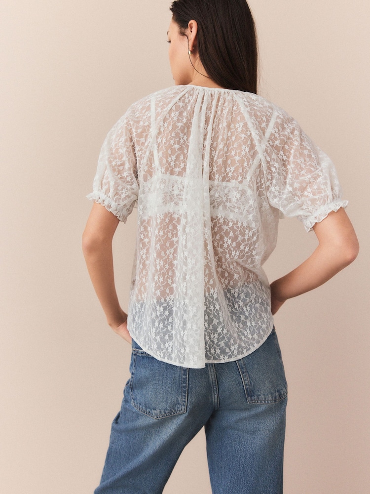 Buy White Short Sleeve Ruffle Mesh Blouse from Next Luxembourg