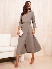 Friends Like These Neutral Petite Long Sleeve Belted Wrap Tailored Dress - Image 2 of 4
