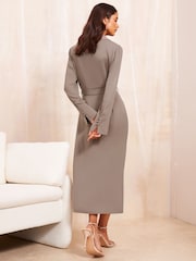 Friends Like These Neutral Petite Long Sleeve Belted Wrap Tailored Dress - Image 4 of 4