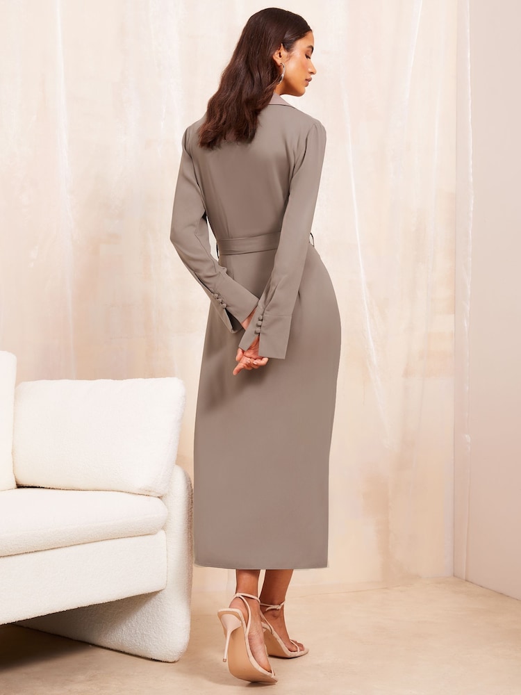 Friends Like These Neutral Petite Long Sleeve Belted Wrap Tailored Dress - Image 4 of 4
