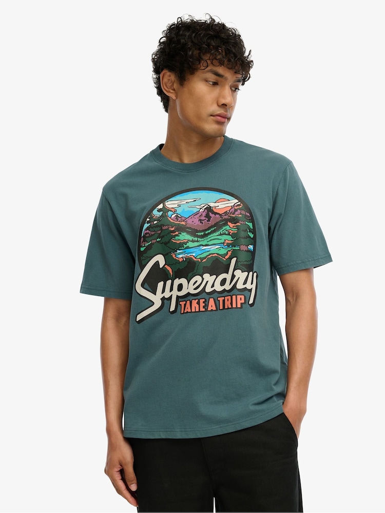 Superdry Blue Travel Postcard Graphic T-Shirt - Image 1 of 6