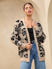 Lipsy Neutral Floral Cosy Knitted Honeycomb Sleeve Longline Cardigan - Image 1 of 4