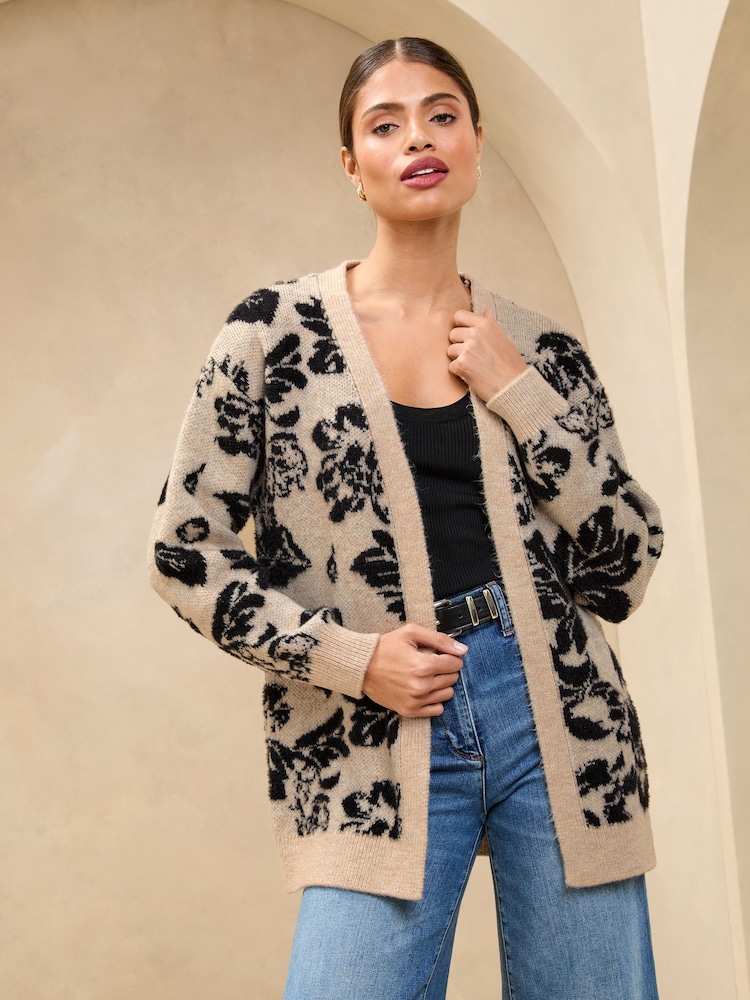 Lipsy Neutral Floral Cosy Knitted Honeycomb Sleeve Longline Cardigan - Image 1 of 4