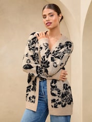 Lipsy Neutral Floral Cosy Knitted Honeycomb Sleeve Longline Cardigan - Image 2 of 4