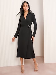 Friends Like These Black Petite Long Sleeve Belted Wrap Tailored Dress - Image 3 of 5