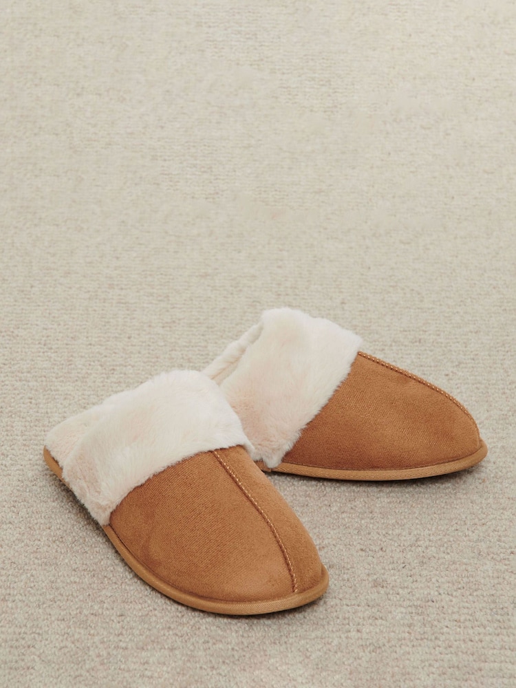 Threadbare Brown Faux Suede Faux Fur Lined Mule Slippers - Image 2 of 6