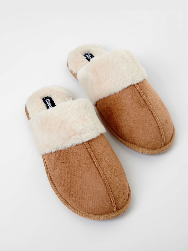 Threadbare Brown Faux Suede Faux Fur Lined Mule Slippers - Image 3 of 6