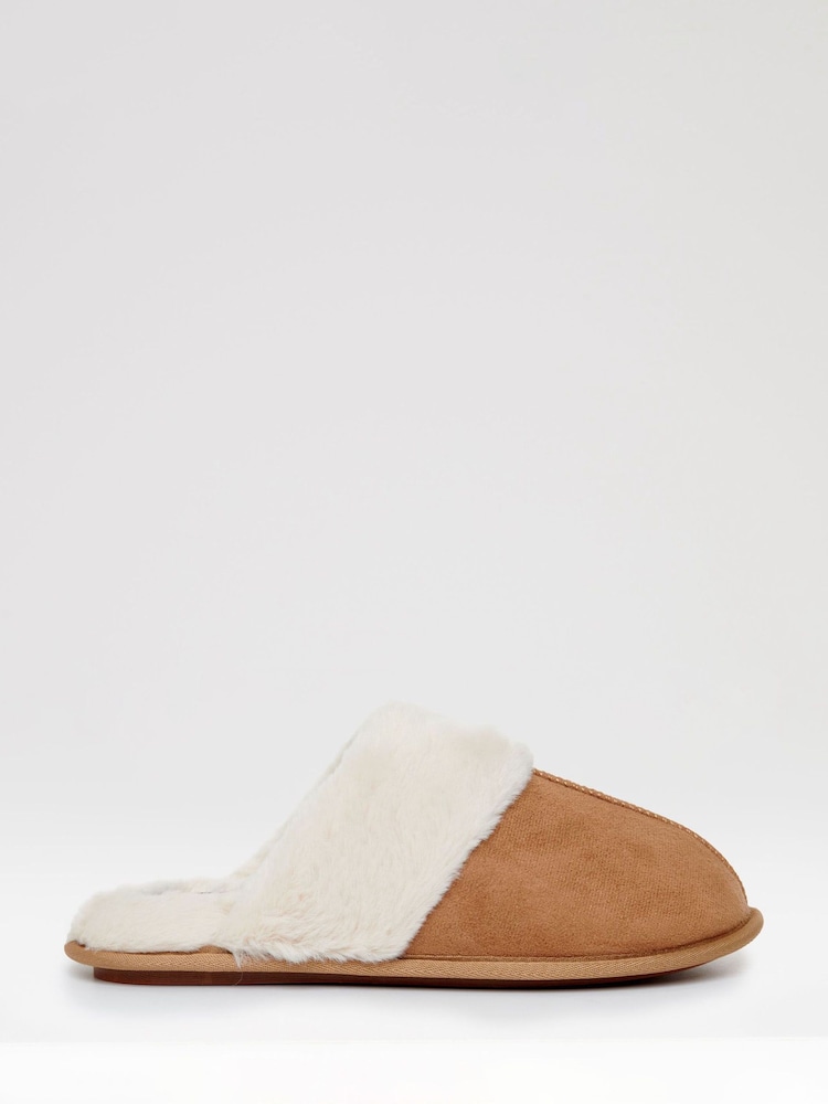 Threadbare Brown Faux Suede Faux Fur Lined Mule Slippers - Image 4 of 6